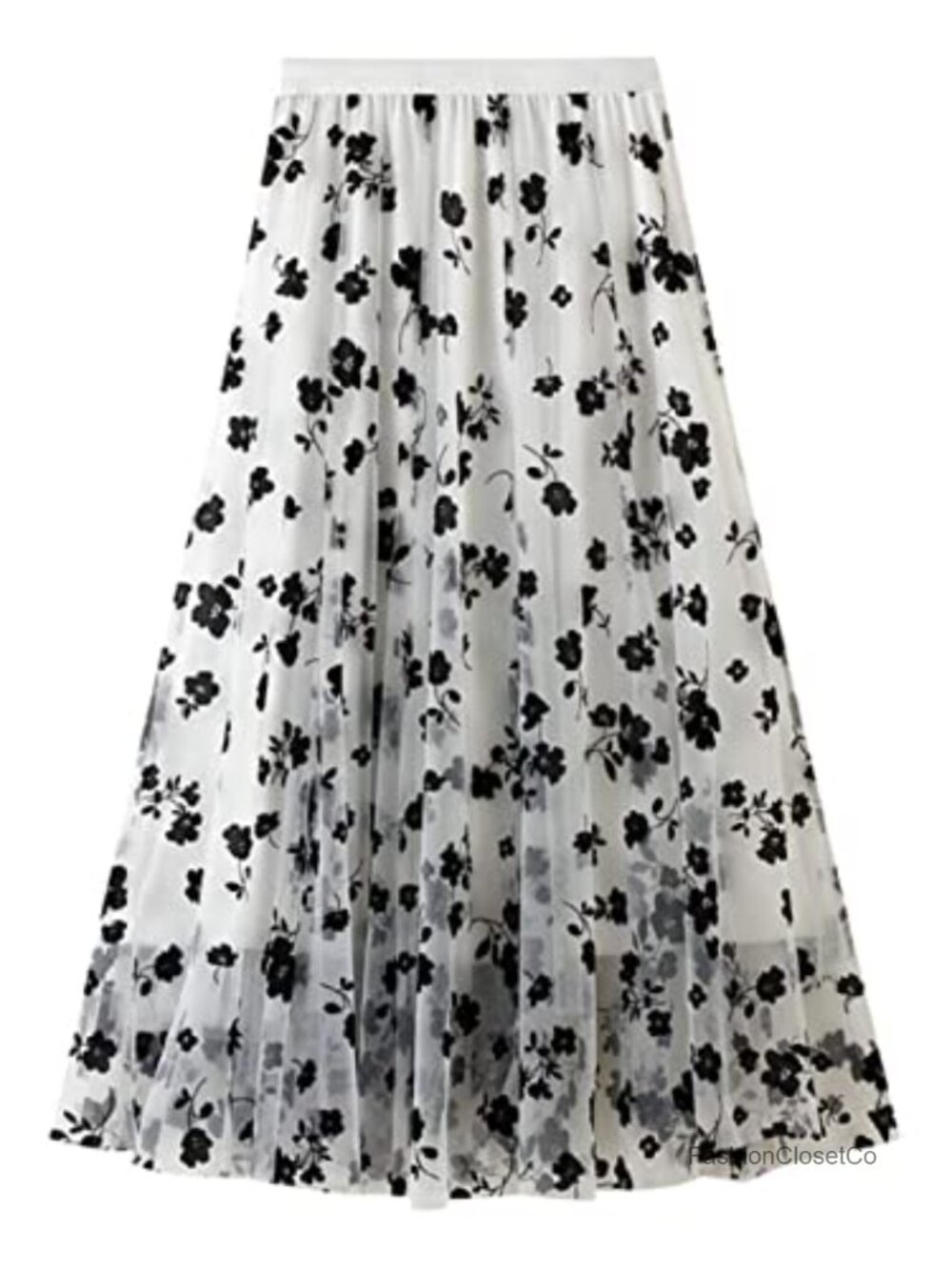 CHARTOU High Waist Tulle Ruffle Pleated A-Line Floral Midi Skirt
